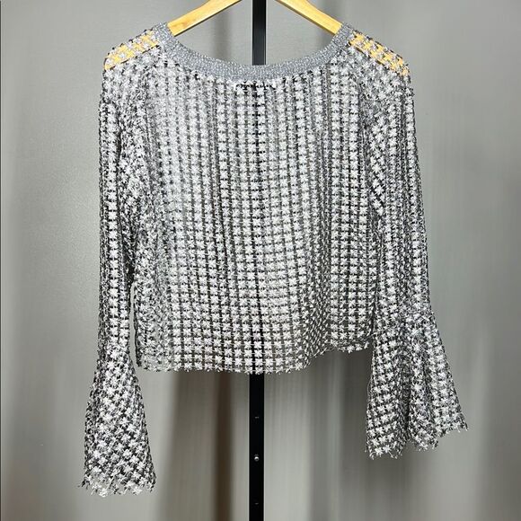 Zara Silver Shimmery Crop Blouse with Bell Sleeves - Picture 3 of 6